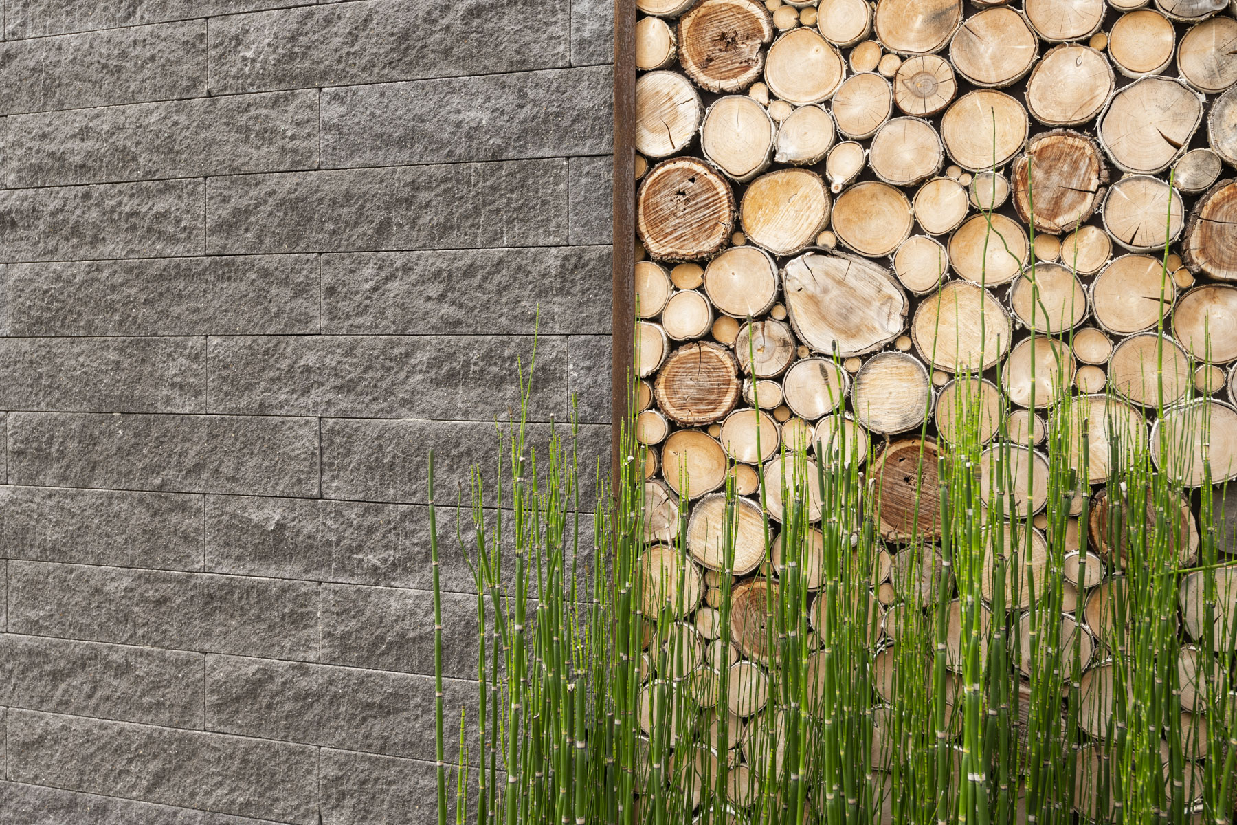 Wanddetail mit Steinmauer und Holz und Grünpflanzen